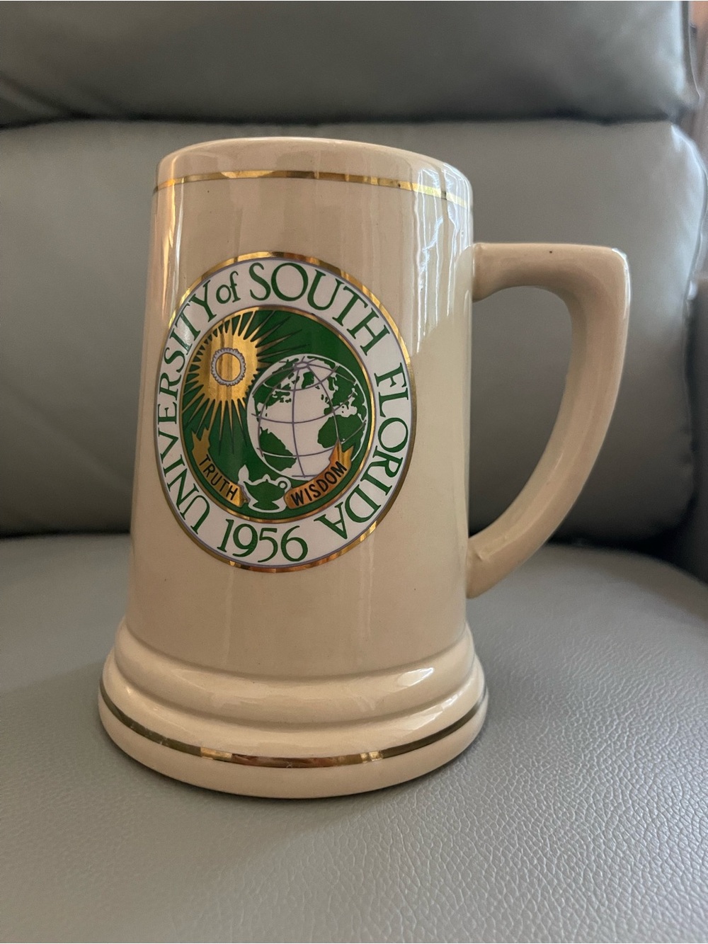 VTG University of South Florida Beige Ceramic Beer Stein with Gold Trim